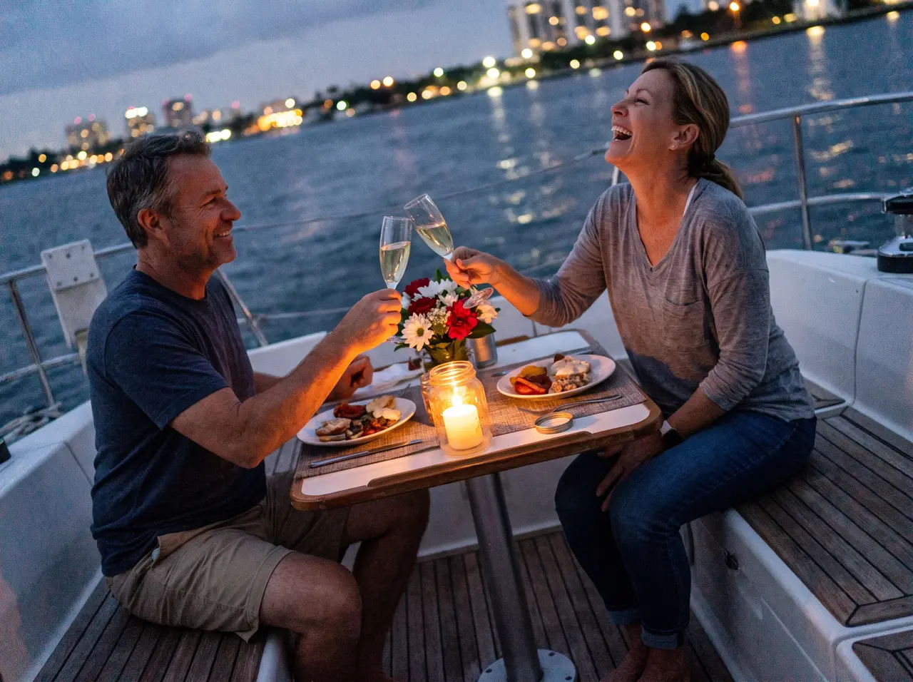 Festive anniversary table set on a yacht with Istanbul lights behind