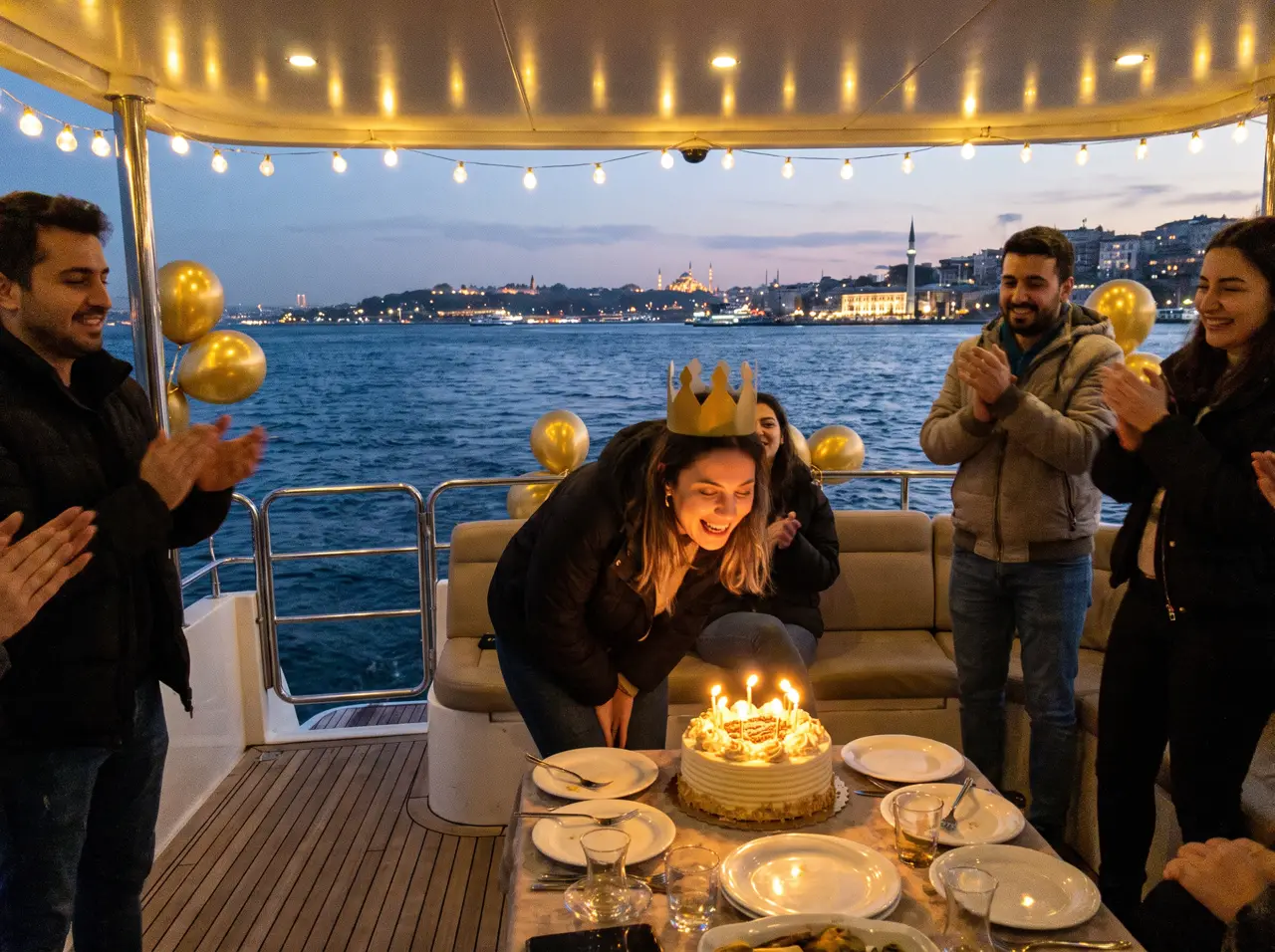 Yacht deck decorated with balloons and a birthday table on the Bosphorus