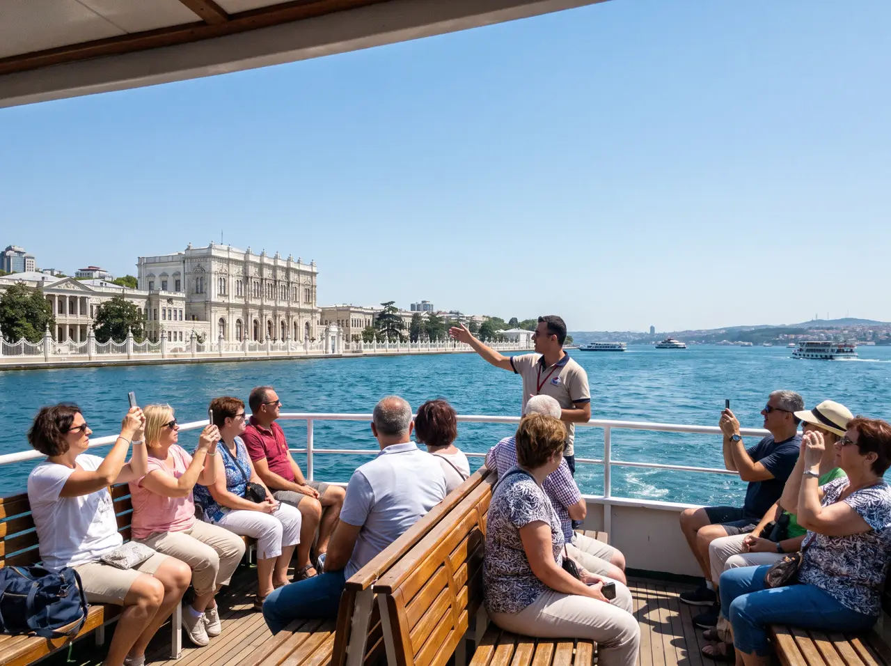 Small group of guests listening to a guide on a yacht passing the Bosphorus shore