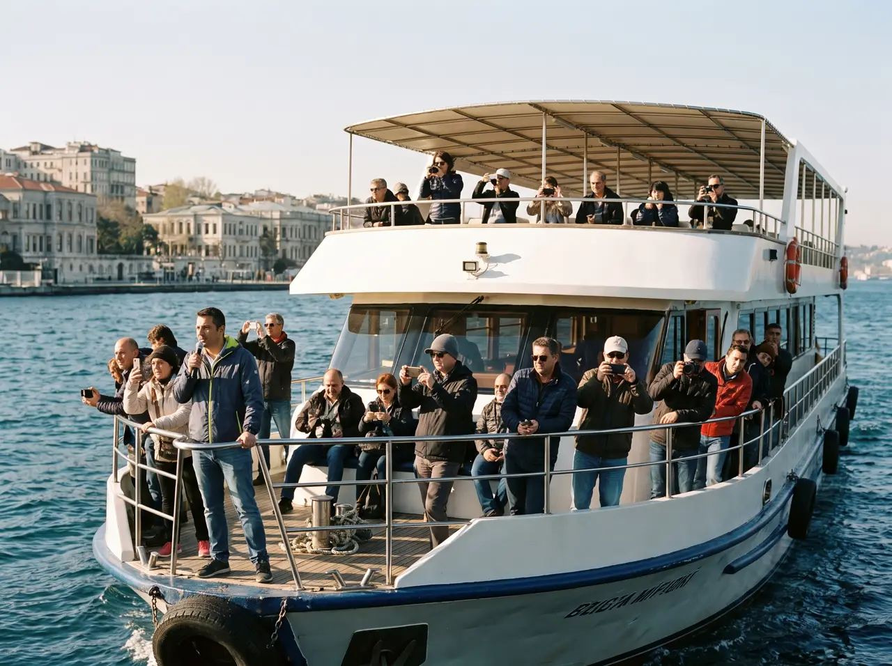 Guests on the open deck of a larger yacht cruising the Bosphorus in daylight
