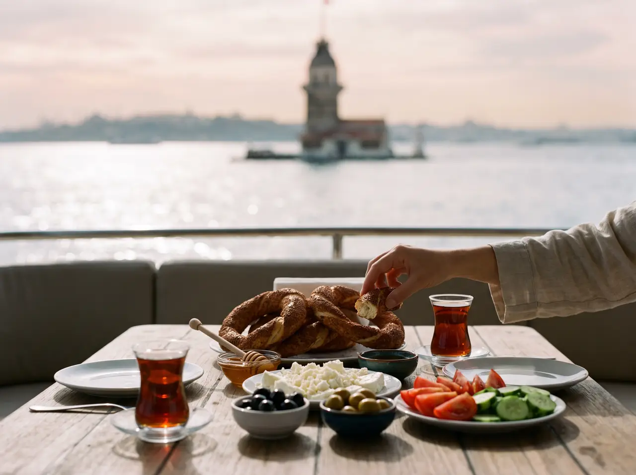Breakfast table with tea and pastries laid on a yacht deck in morning light