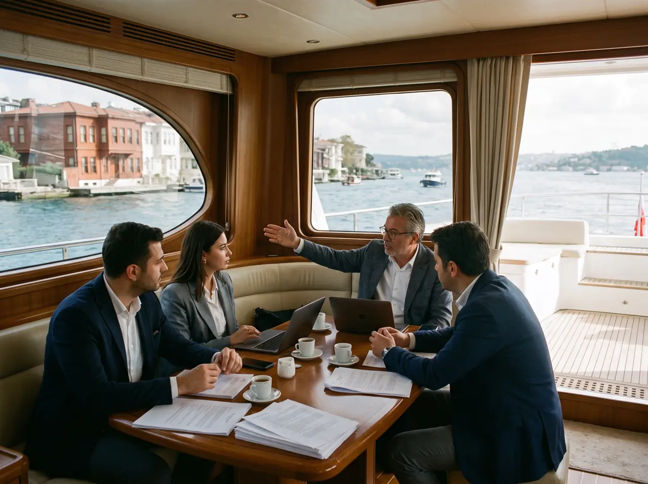 Two businesspeople talking at a set table in a yacht saloon on the Bosphorus