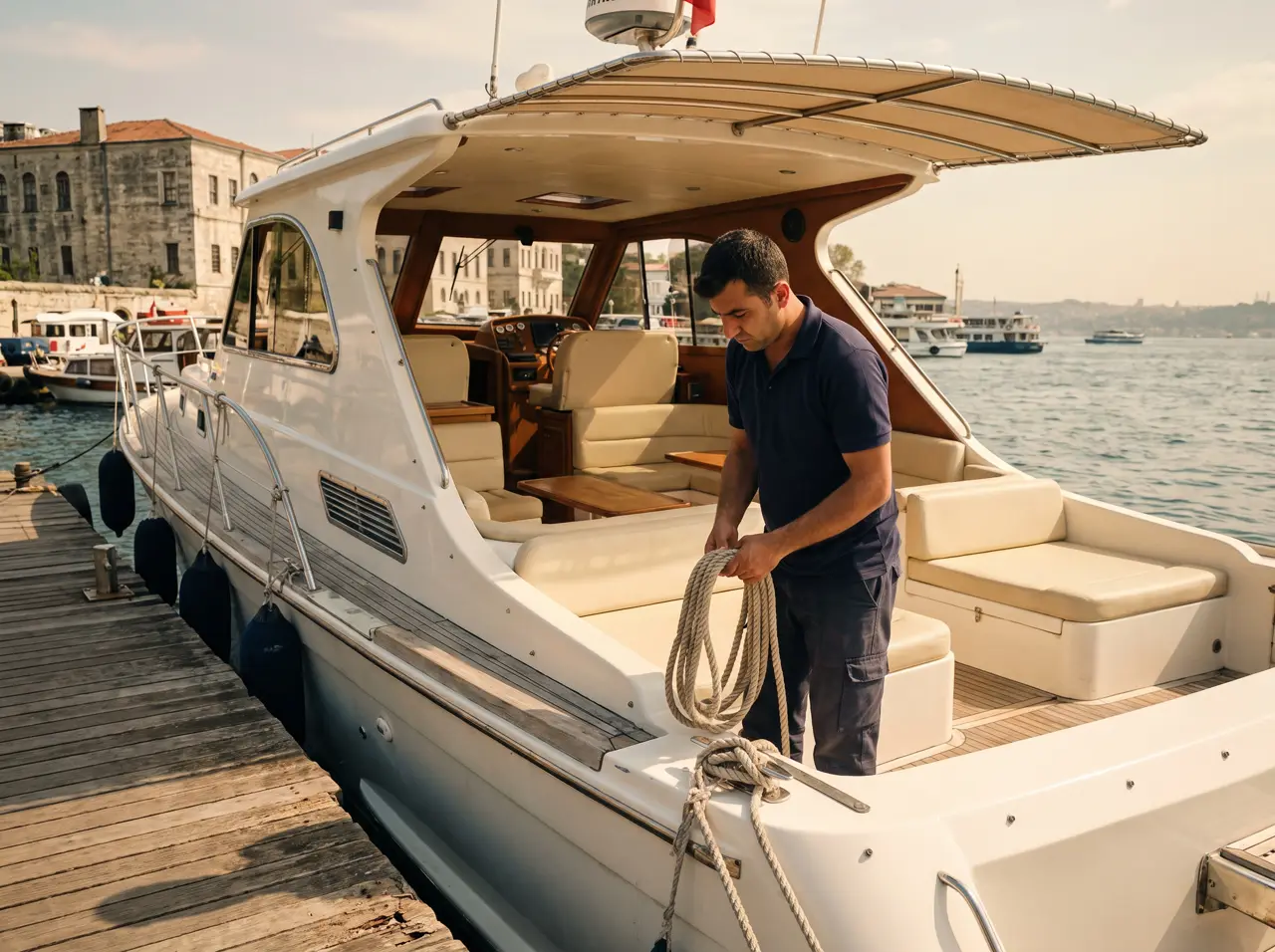 Comfort class motor yacht cruising the Bosphorus with Istanbul skyline behind