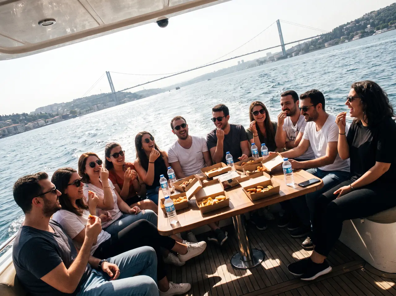 Guests on the aft deck of a 12 guest Comfort yacht on the Bosphorus