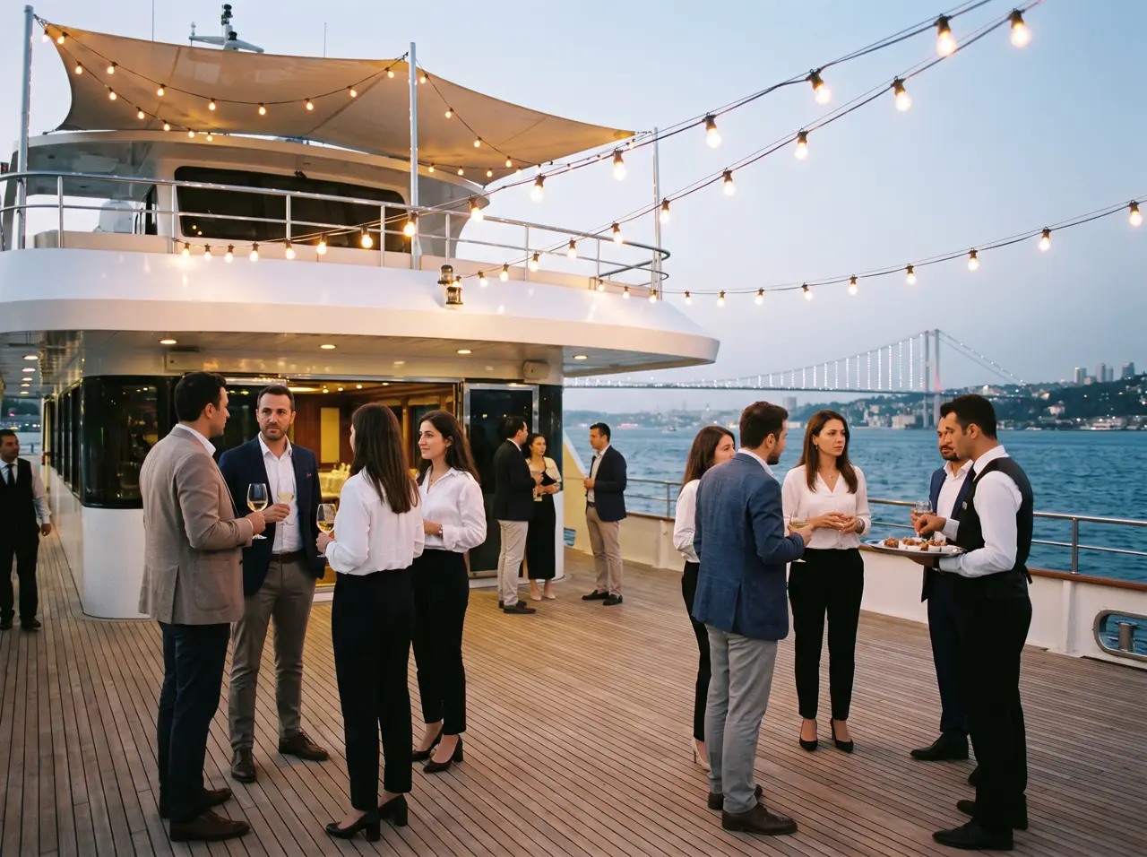 Colleagues raising glasses at a corporate event on a yacht deck in Istanbul