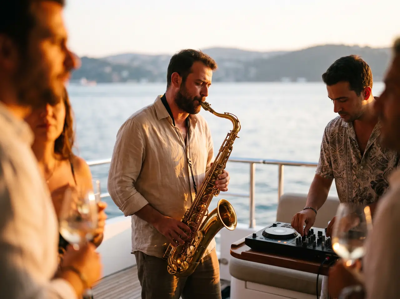 DJ playing on the open deck of an event yacht at night