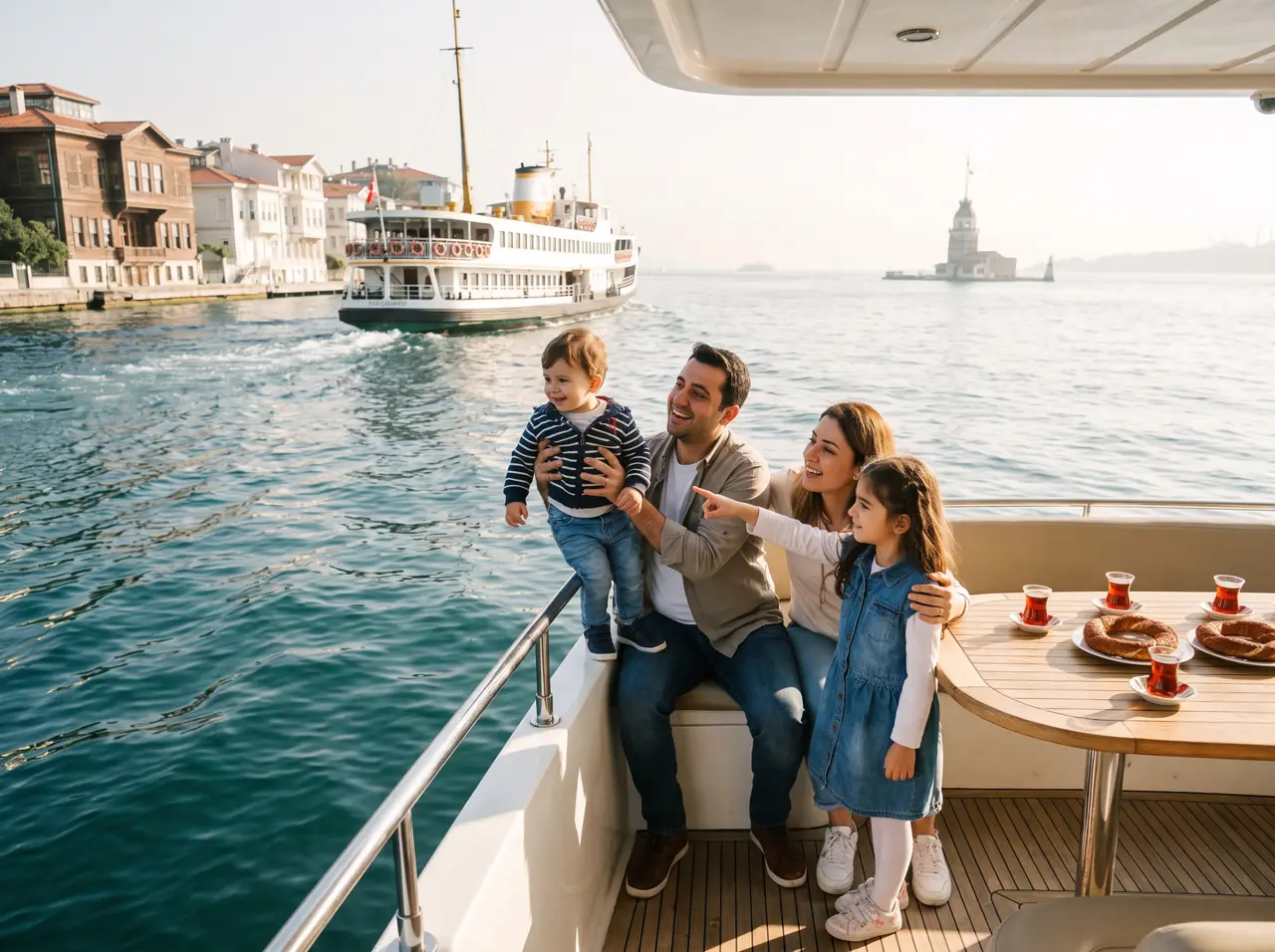 Parents with two children at the rail of a private yacht on a Bosphorus morning cruise