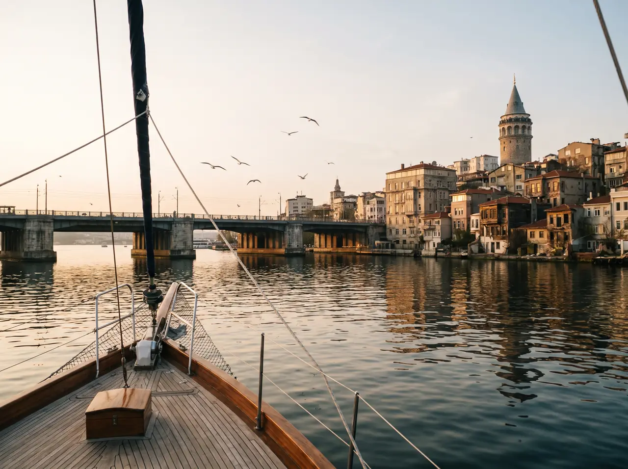 View across the Golden Horn towards Galata Tower from a yacht deck
