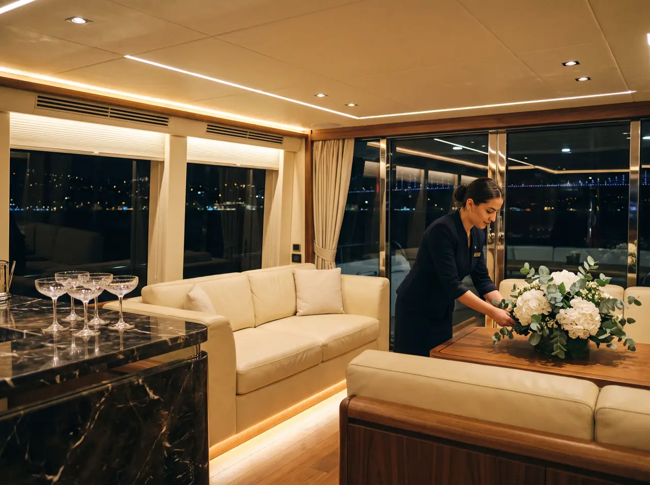 Luxury yacht interior saloon prepared for VIP guests with city lights outside