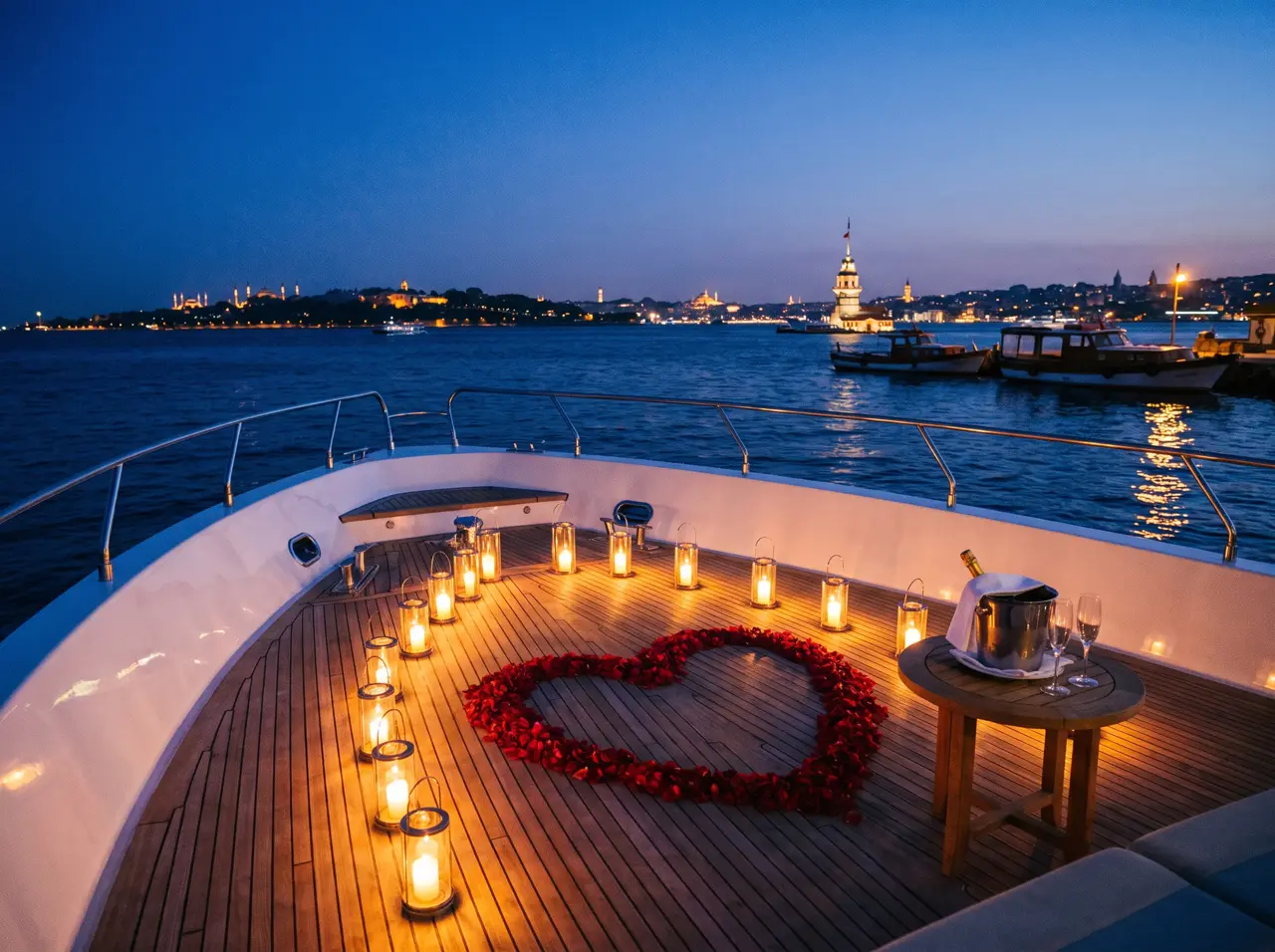 Proposal set-up on a yacht at dusk with candles and flowers facing the city