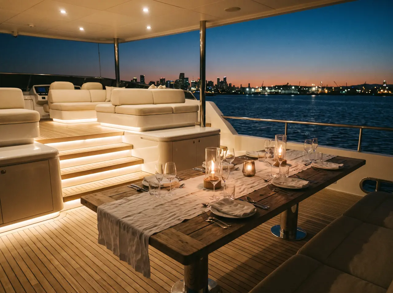Premium motor yacht with dining table set on the rear deck, Bosphorus at dusk