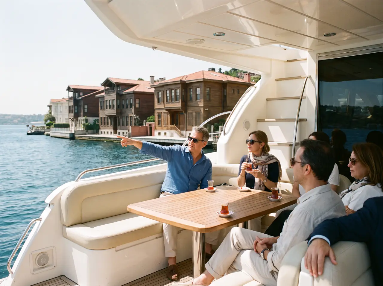 Private yacht cruising the Bosphorus with the bridge and Ortaköy Mosque behind