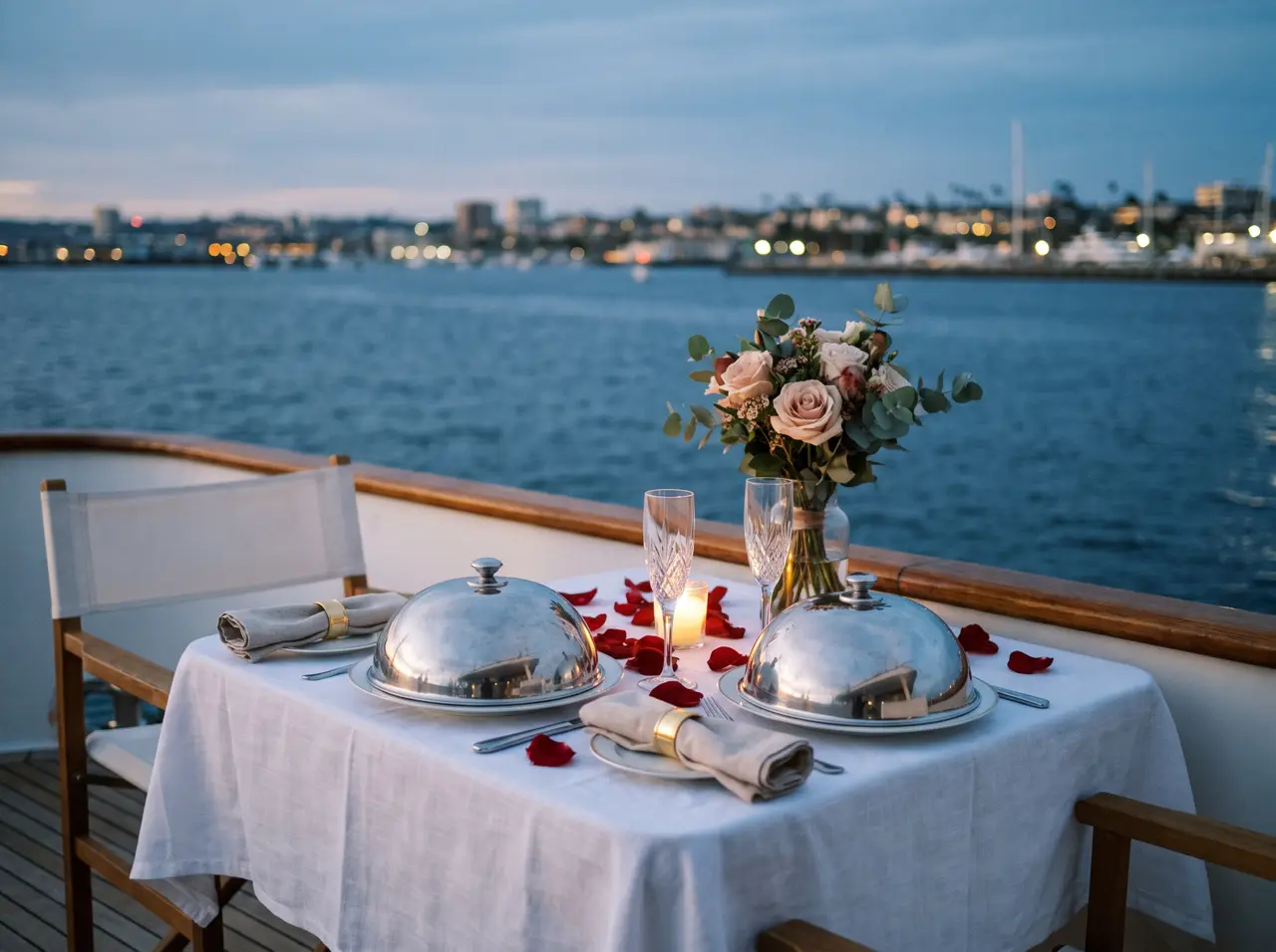 Table for two set with flowers on a yacht deck at dusk on the Bosphorus