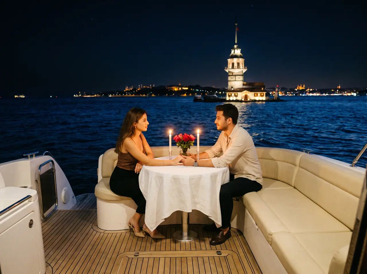 Table for two with candles on a yacht deck facing the lit Bosphorus shore
