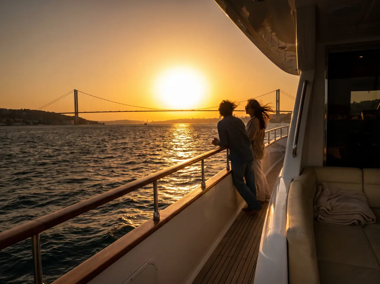 Couple on a yacht deck watching the sun set over the Bosphorus skyline