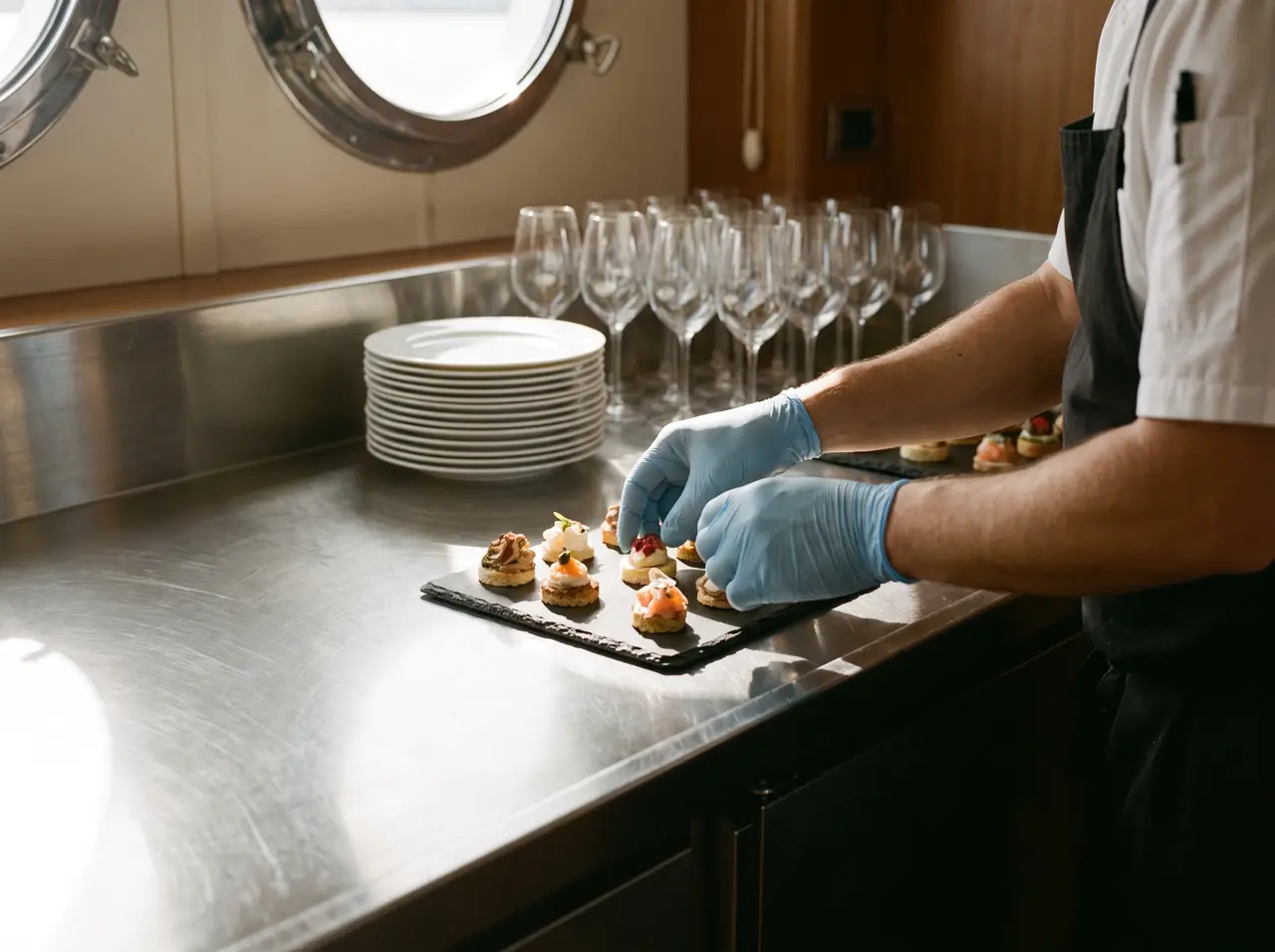 Waiter setting a dinner table on a yacht deck with the Bosphorus behind