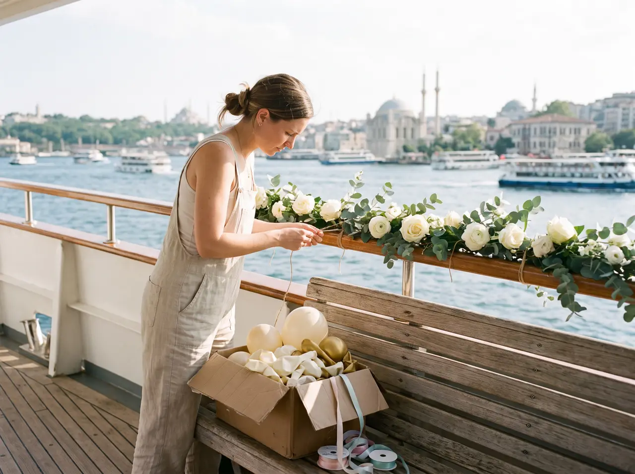 Yacht saloon decorated with balloons and fresh flowers for a celebration