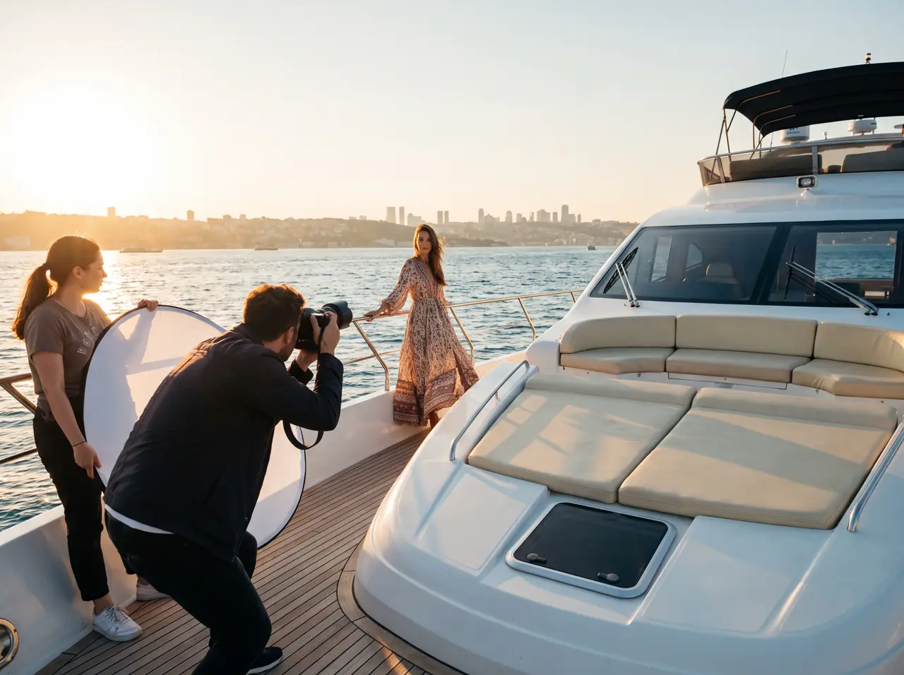 Model posing at the yacht bow during a golden hour photoshoot on the Bosphorus
