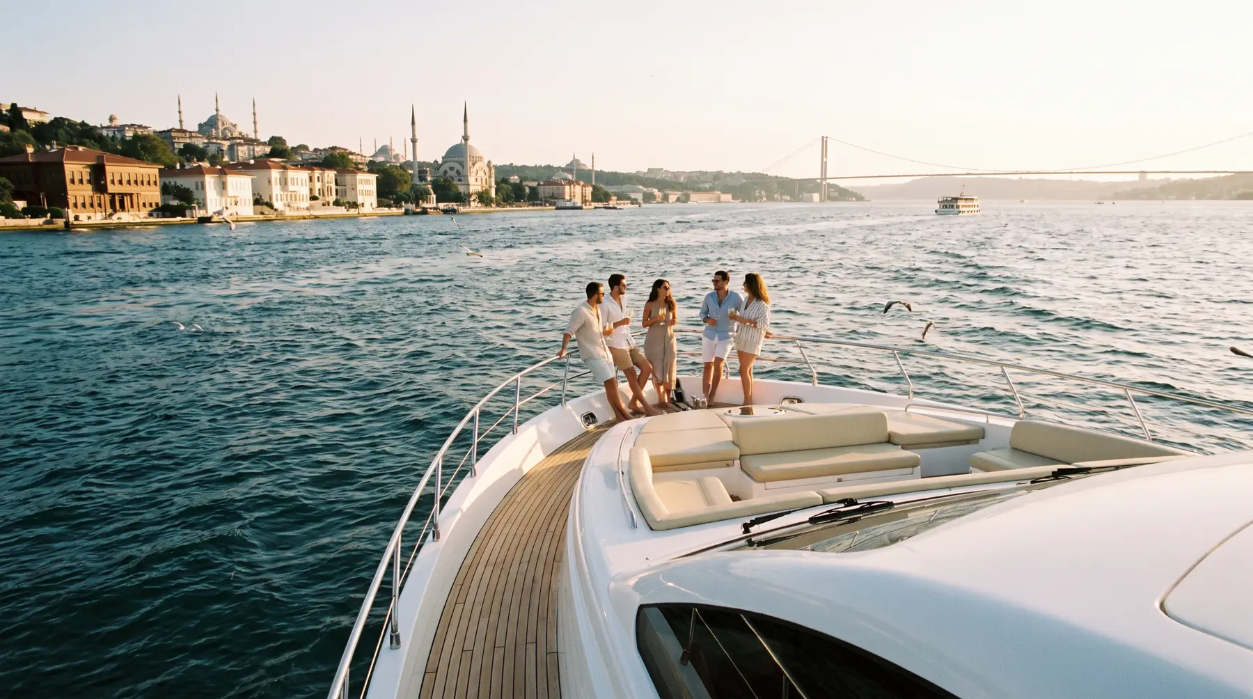 Private yacht cruising the Bosphorus at dusk with the Istanbul skyline and bridge lights behind