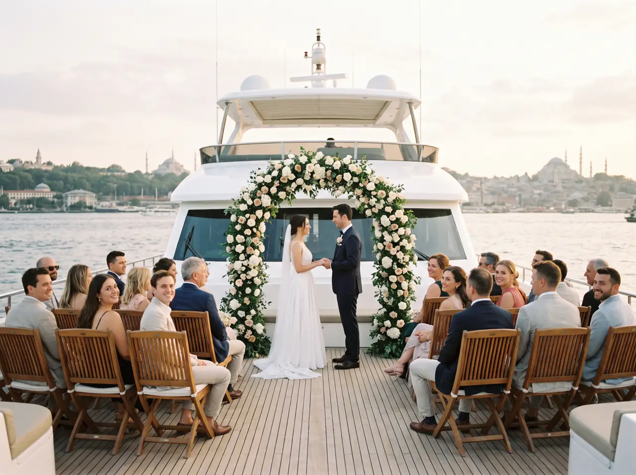 Event yacht dressed for a wedding reception cruising past the Istanbul skyline